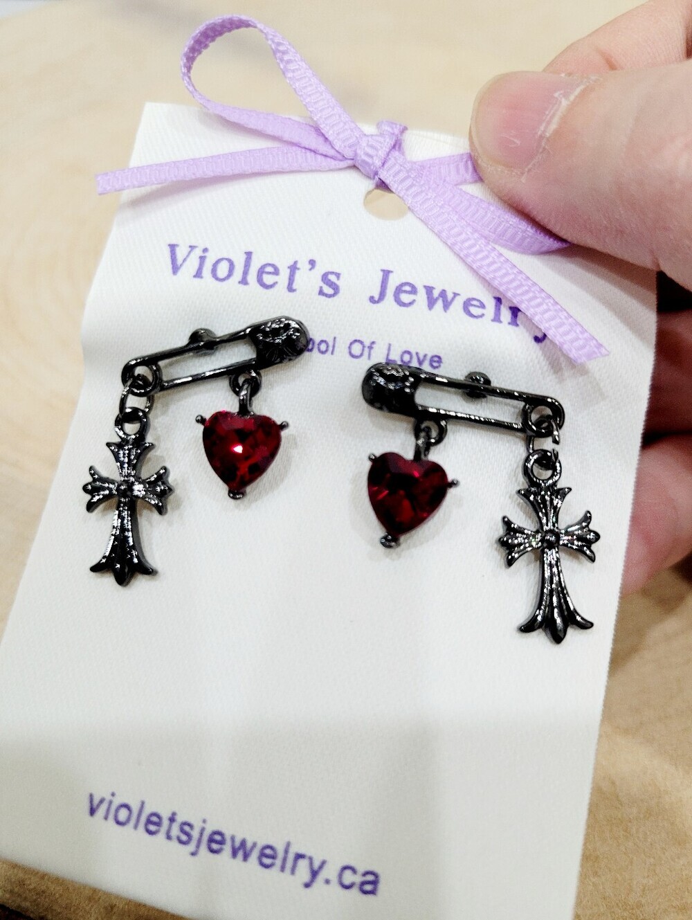 Brand New Titanium Black Cross Red Heart Gothic Safty Pin Earrings